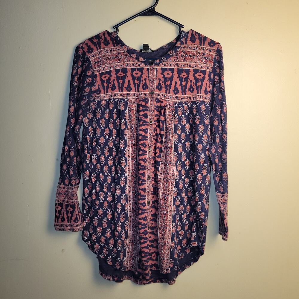 Lucky‎ Brand large button front boho top tunic shirt India cotton viscose linen